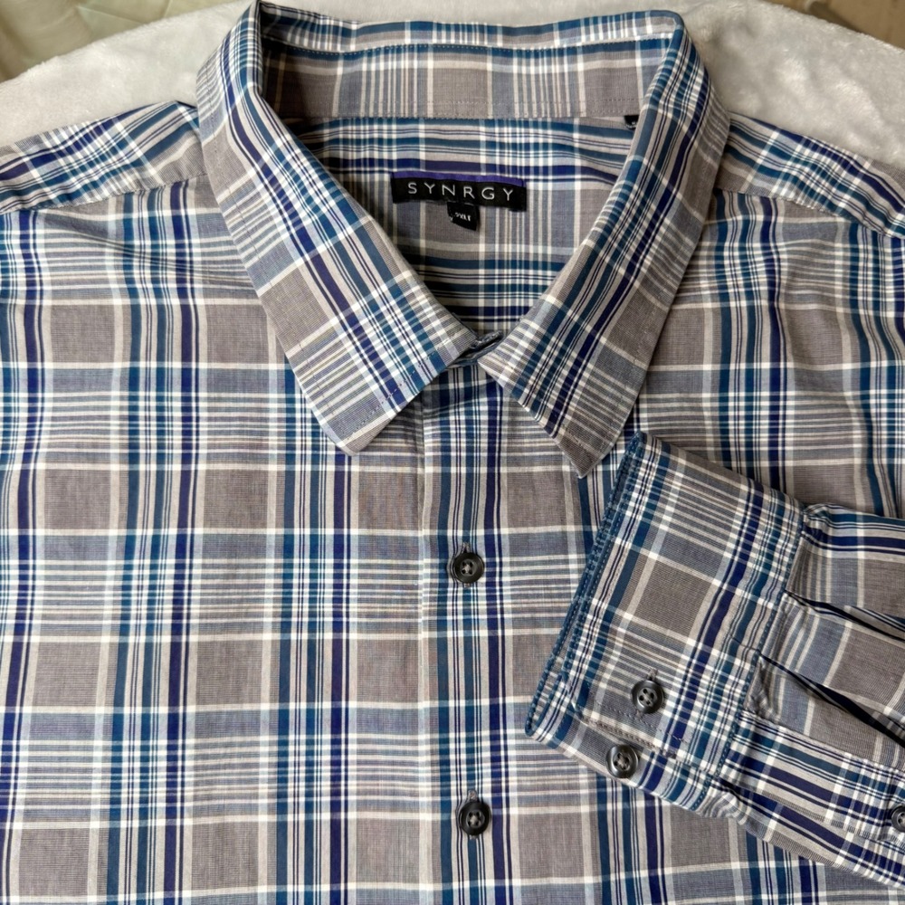 Synrgy 2XLT Plaid Button Up Shirt Convertible Long Sleeve Blue Grey 100% Cotton